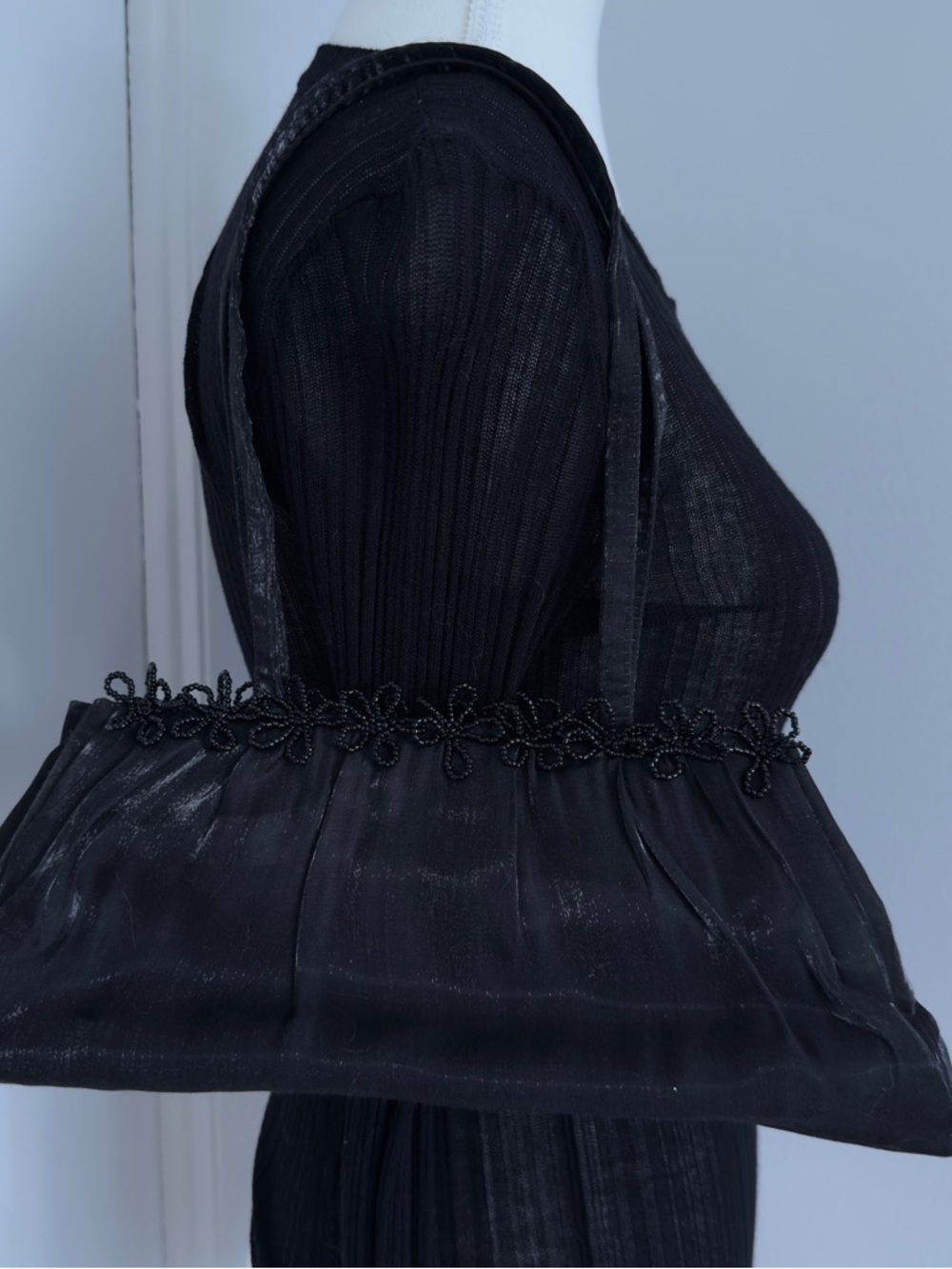 Black Beaded Floral Trim Evening Tote